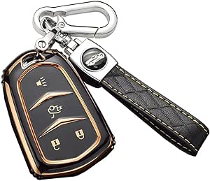 ontto 4-Button Key Case, Key Fob Cover, Key Holder, Soft TPU Key Shell Compatible with Cadillac Escalade CTS SRX XT5 ATS STS Black