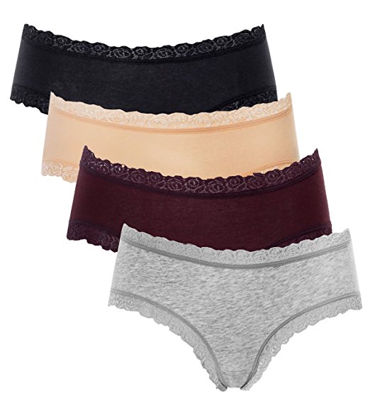 ATTRACO Women's Cotton Brief Panties Soft Underwear Lace Trim 4 Pack