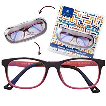 Kid’s Blue Light Blocking Glasses – Flexible Pink Square Frames, Computer and Gaming Eyeglasses for Girls - Bendable and Unbreakable - by Optix 55