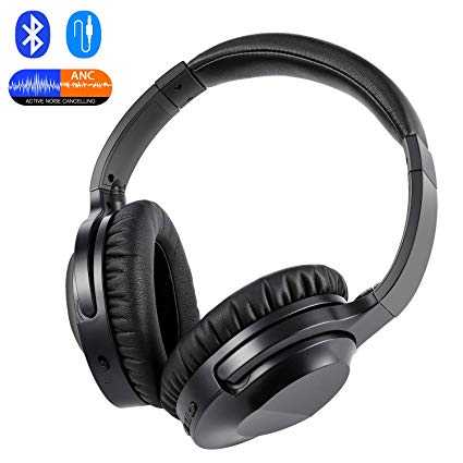 Active Noise Cancelling Bluetooth Headphones Wireless & Wired with Microphone Hi-Fi Stereo Deep Bass Over Ear Headset - Black