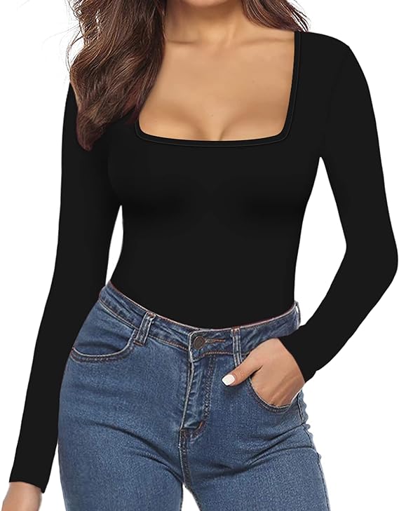 MANGOPOP Square Neck Bodysuit Long Sleeve for Women Short Sleeve Body Suit Going Out Tops Shirts