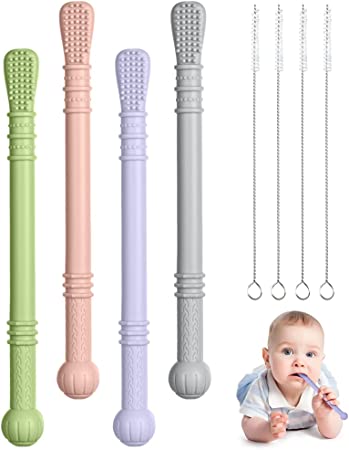 Vicloon Teething Toys for Baby, 4PCS Baby Silicone Teether Tubes with 4 Cleaning Brush, Teether Sensory Toys Gum Massager, Baby Teething Toy Infant Chew Straw Toy - Oblate