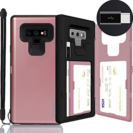 Galaxy Note 9 Case, SKINU [Note 9 Wallet Strap] Note 9 Charger Dual Layer Hidden Credit Holder Card Case with Wrist Strap Inner USB Type C Adapter and Mirror for Galaxy Note 9 (2018) - Rose Gold