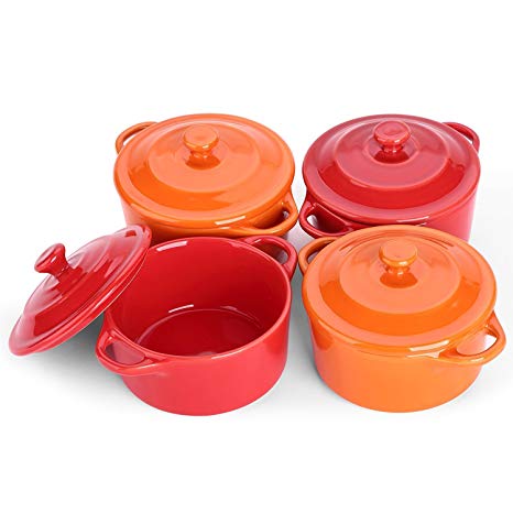 Lifver 4 Packs Ramekins/Snack Bowl, 200ml Ceramic Soufflé Dish/Mini Casserole, Dip Bowls, Cherry Red & Orange, Round.