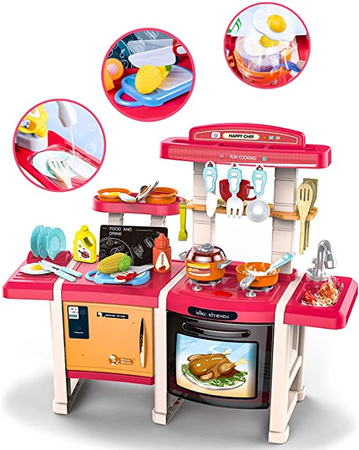 UNIH Play Kitchen Little Pretend Pink Kids Play Kitchen Playset Toy with Realistic Lights & Sounds,Play Oven & Sink,Other Kitchen Accessories Toys for Girls and Boys Kraft