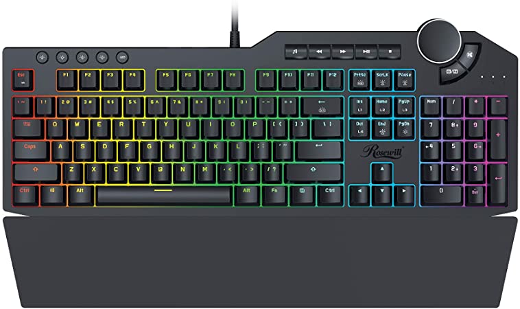 Rosewill Mechanical Gaming Keyboard, 15 RGB Backlit Modes, 2-Port USB Passthrough, Media Keys and Multifunctional Volume Dial, Magnetic Wrist Rest, Tactile Brown Switches - NEON K90 RGB BR