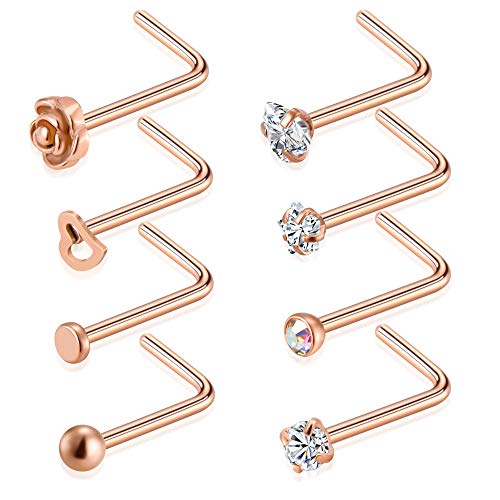 Tornito 20G 8-30Pcs Stainless Steel L Screw Bone Shaped Nose Ring CZ Nose Stud Retainer Labret Nose Piercing Jewelry