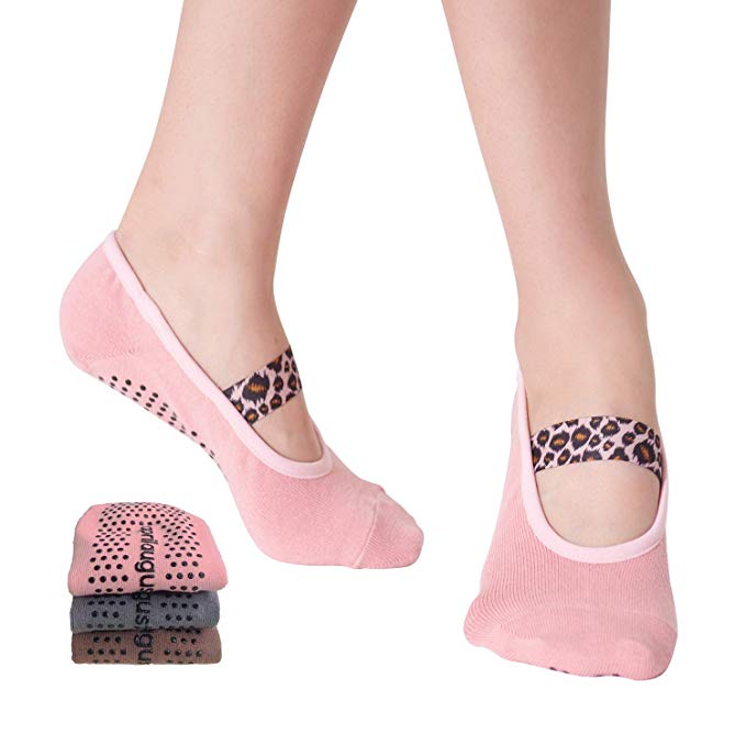 Aprilaugust Yoga Socks with Non Slip Grips & Leopard Strap, Perfect for Pilates, Barre, Ballet, Barefoot training