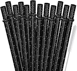 ALINK 12PCS Reusable Plastic Black Glitter Straws, 13 in Extra Long Tumbler Straws for Stanley Cups, Gallon Jug, 64 oz 40 oz 32 oz Yeti, Starbucks, Mason Jars, Plus Cleaning Brush