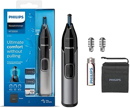 Philips Series 3000 Battery-Operated Nose, Ear and Eyebrow Trimmer - Showerproof, No Pulling Guaranteed, 100 Percent Comfort, Protective Guard System - NT3650/16