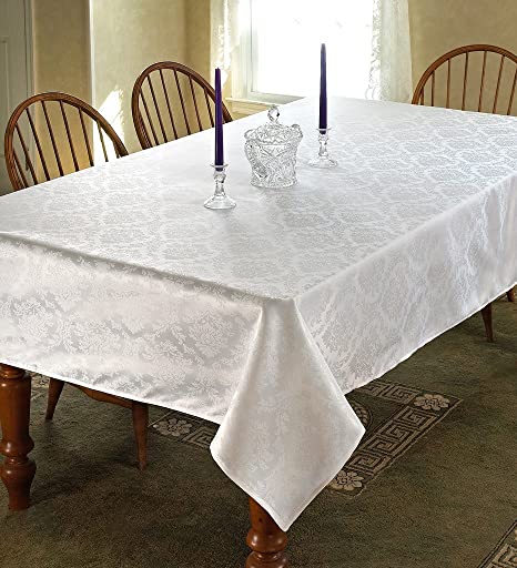 Violet Linen European Damask Design Oblong/Rectangle Tablecloth, 60" x 102", White