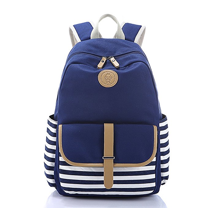 SCIONE Classic Stripe Design Casual Canvas School Backpack Laptop Backpack for Teens