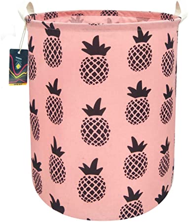 HKEC 19.7"Waterproof Foldable Storage Bin, Dirty Clothes Laundry Basket, Canvas Organizer Basket for Laundry Hamper, Toy Bins, Gift Baskets, Bedroom, Clothes, Baby Hamper (Pink/Black Pineapple)