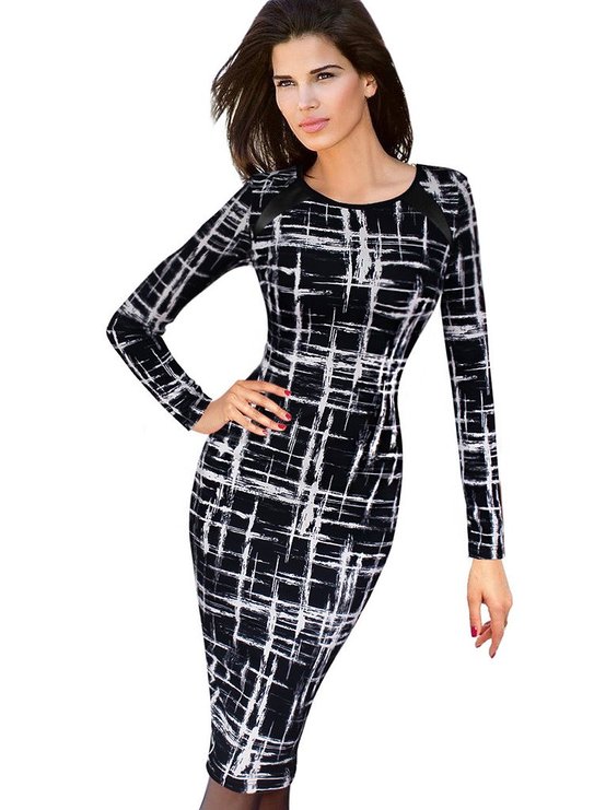 VfEmage Womens Printed Patterned Casual Slimming Fitted Stretch Bodycon Dress