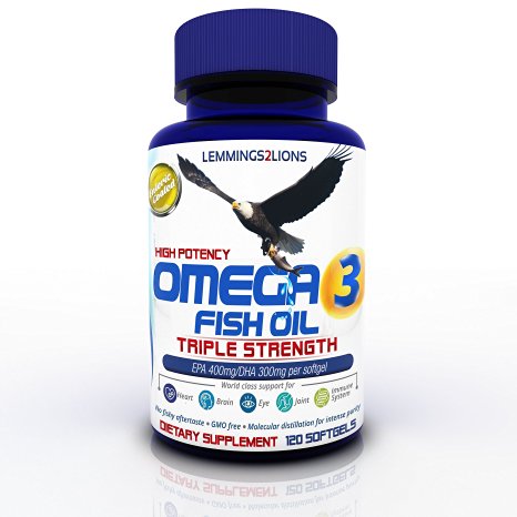 Omega 3 High Potency Fish Oil Capsules (120's) - American Made Triple Strength Fish Oil Ultra EPA-DHA - 70% Essential Fatty Acids Per Omega 3 1000mg Fish Oil Pill for One a Day Convenience + Ebook
