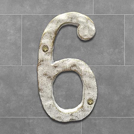 5.5 Inch House Numbers- Cast Iron Home Address Number- Solid & Heavy Duty/ Easy Install with Matching Screws, Gold & White Finished (Number 6)