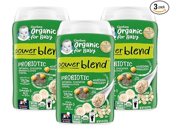 Gerber Organic for Baby Power Blend Probiotic Cereal, Oatmeal Chickpea Banana & Chia Cereal, Organic & Non-GMO Baby Cereal, 8-Ounce Canister (Pack of 3)