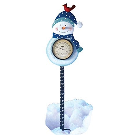 Collections Etc Snowman and Cardinal Outdoor Thermometer and Snow Gauge - Holiday Yard Decor