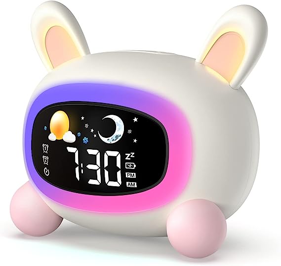 Kids Alarm Clock Rechargeable, Children Sleep Trainer with Sun&Moon Rise - Wake-Up Light & Night Light - 3 Levels Adjustable Brightness, 7 Sleep Sounds Machine, and Snooze Function