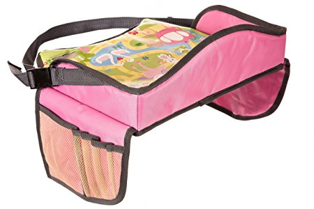 Childrens Travel Tray – Kids Snack and Play Tray for Car Bus Train and Plane Journeys – Small – Pink – By Driving With Kids – Works on Buggy and Pushchair