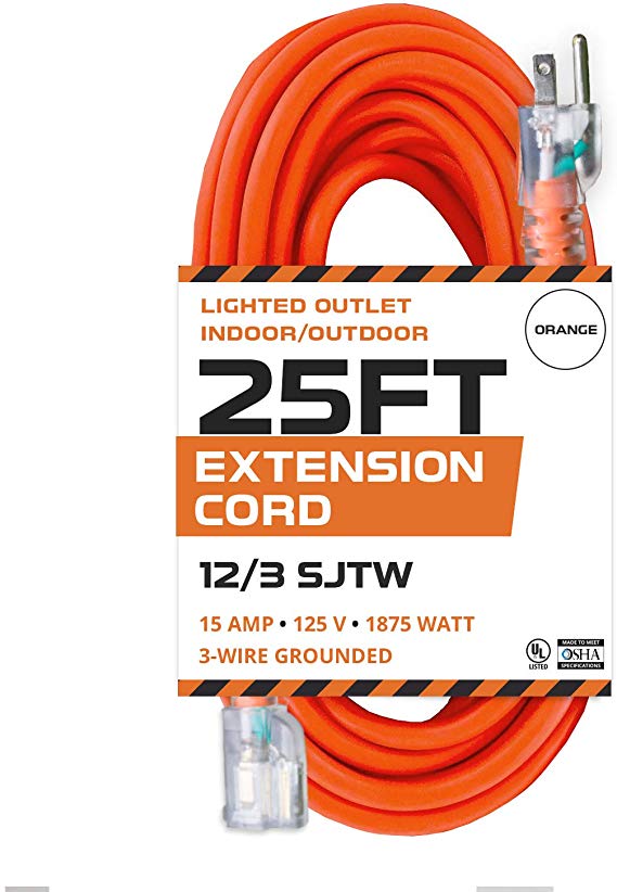 25 Ft Orange Extension Cord - 12/3 SJTW Heavy Duty Lighted Outdoor Extension Cable with 3 Prong Grounded Plug for Safety - Great for Garden & Major Appliances