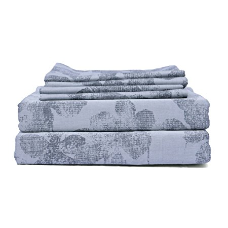 Just Linen 350 Thread Count 100% Egyptian Quality Cotton, Genuine Jacquard Damask Shades of Grey Floral Design , Queen Bedding Sheet Set with 4 Pillow Cases & Deep Pocketed Fitted Sheets