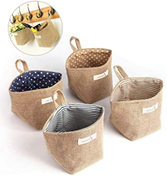 4pcs Mini Hanging Storage Bag，Cotton Linen Small Storage Basket Decor Bin Bag with Handle, for Wall Door Closet