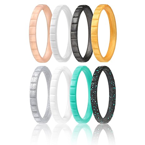 Silicone Wedding Ring For Women By ROQ, Affordable Thin Stackable Silicone Rubber Wedding Bands, 4 & 8 Packs