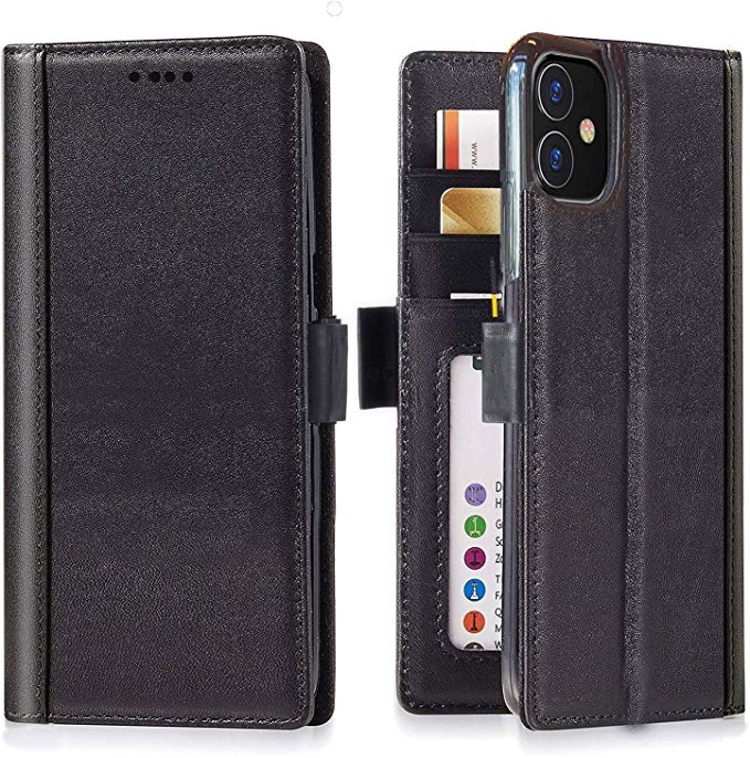 iPulse Journal for iPhone 11 Case Full Grain Real Leather Flip Folio Wallet Case for iPhone 11 with Magnetic Closure and Kickstand - Black