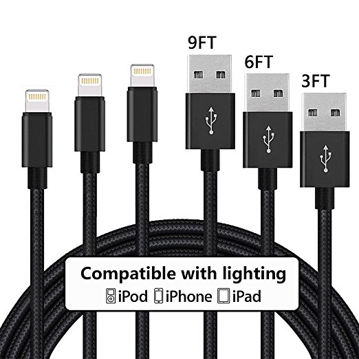 Lightning Cable 3Pack 10FT Nylon Braided Certified iPhone Cable USB Cord Charging Charger for Apple iPhone X, 8, 7, 7 Plus, 6, 6s, 6 , 5, 5c, 5s, SE, iPad, iPod Nano, iPod Touch (Black)