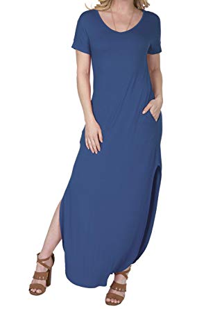 SHOP DORDOR Women's Casual Loose Pocket Long Dresses Short Sleeve Split Maxi Dress