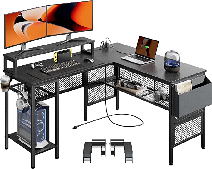 ErGear L Shaped Computer Desk with USB Charging Port and Power Outlet, Corner Desk with Storage Shelves, 2 Person Long Gaming Table Modern Home Office Desk