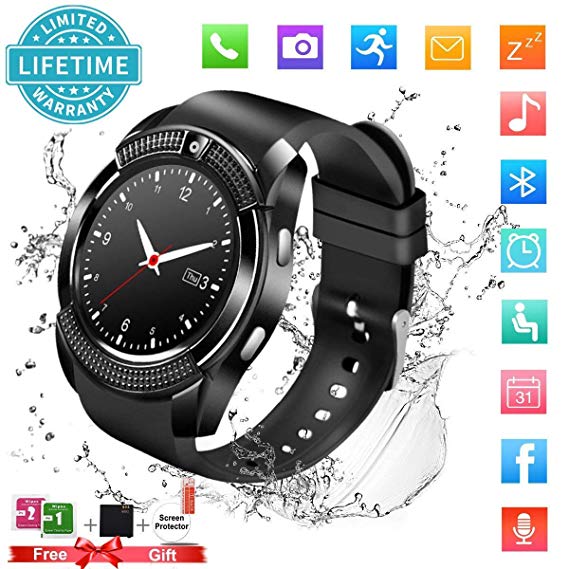 Smart Watch,Bluetooth Smartwatch Touch Screen Wrist Watch with Camera/SIM Card Slot,Waterproof Phone Smart Watch Sports Fitness Tracker Compatible Android Phones Black