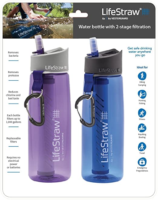LifeStraw Go Water Filter Bottles with 2-Stage Integrated Filter Straw for Hiking, Backpacking, and Travel (Pack of 2), Purple and Blue