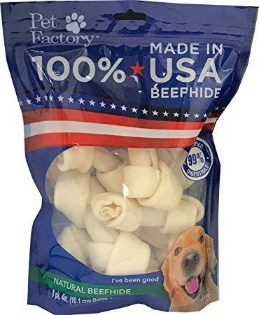 Pet Factory 78114 Beefhide Dog Bones 4-5" 8 Pack, 99% Digestible Rawhide Treats, 100% Natural Rawhide Knotted Bones, Natural Flavor, Resealable Package, Made in USA