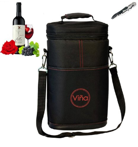 Vina® 2-bottle Wine Carrier Bag Champagne Carrying Tote Bags Picnic Cooler Insulated Travel Wine Case Black  Free Corkscrew