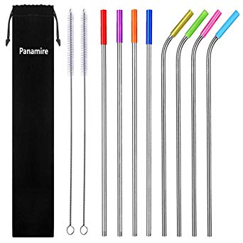 Panamire Straws Drinking Reusable 10.5 inch, Straws Stainless Steel Metal Set 8 (4 Straight   4 Bent   2 Clear Brushes   8 Coloful Silicone Tips)
