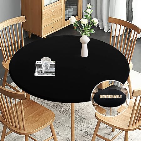 Obstal Fitted Round Table Cloth, Reversible Waterproof Stain Resistant Elastic Stretch Tablecloth, Wipe Clean Table Cover for Outdoor/Indoor Use, Fits Round Tables up to 48" - 56" Diameter, Black