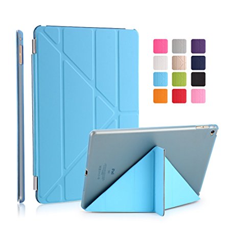 iPad Air 2 Case, Dowswin Multi Folded Protective PU Leather Front Case with Sleep Wake Up Function and Transparent Hard Back Cover for Apple 6th Gen (Blue)