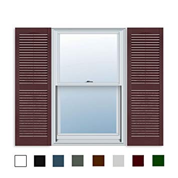 15 Inch x 35 Inch Standard Louver Exterior Vinyl Window Shutters, Burgundy (Pair)