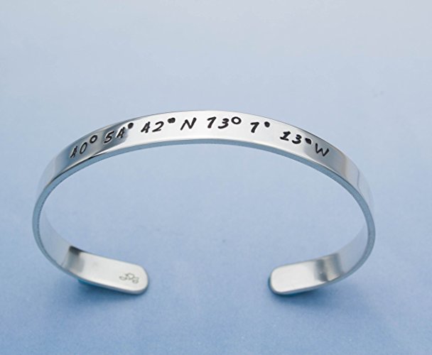 Custom Coordinates Bracelet, Personalized Cuff, Sterling Silver Handmade Bracelet, Longitude Latitude GPS Jewelry Graduation Anniversary Gift