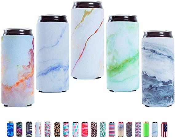 Slim Can Sleeves - Neoprene Bottle Insulator Sleeve Set of 4 Can Beverage Coolers for 12oz Energy Drink & Beer Cans (Marble Pattern)