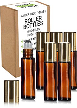 Essential Oils Roller Bottles with Recipe eBook Amber Glass Roll On Bottles for Perfume, Wax, Lip Balm, Essential Oils, Deodorant,10ml,6-Pack (Amber)
