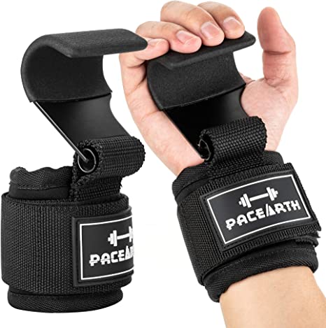 PACEARTH Weight Lifting Grip Hooks Non-Slip 8mm Thick Padded with Adjustable Wrist Wraps Protective Straps for Pull-ups, Power Lift, Deadlift, Weightlifting for Men & Women (Pair)