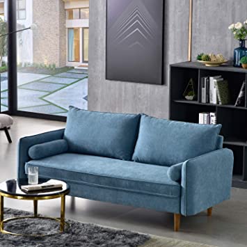 Ovios High Back Couch,Mid-Centry Spring Upholstered Sofa,71 inch Velvet Fabric Futon with Metal Golden Leg for Living Room or Bedroom. (Light Blue-Brown Wood)