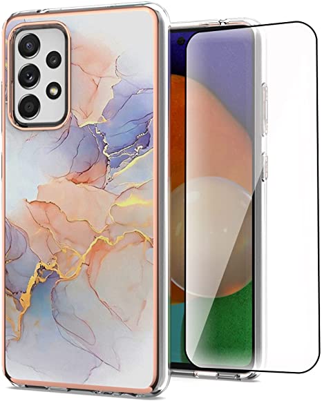 for Galaxy A52 5G Case with Tempered Glass Screen Protector,Voanice Soft Thin Slim TPU & Hard PC Cover Shockproof Protective Bumper Marble Cute Design Phone Case Women Girls for Samsung Galaxy A52 5G