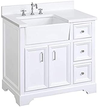 Zelda 36-inch Bathroom Vanity (Quartz/White): Includes White Cabinet with Stunning Quartz Countertop and White Ceramic Farmhouse Apron Sink