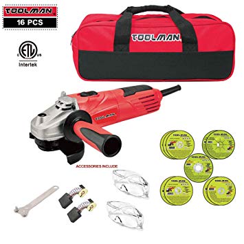 Toolman 16 pcs Electric Angle Grinder Disc Side Grinder 4-1/2" 4.8 Amps & Cut off Wheel with Safety Goggle Glasses & Tool bag for cutting grinding metal or stone works with DeWalt Makita Accessories