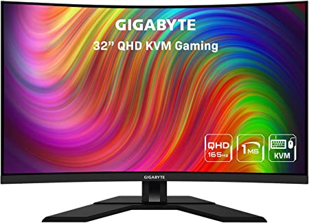 GIGABYTE M32QC 32" 165Hz 1440P QHD -KVM Gaming -Monitor, 2560 x 1440 VA Display, 1ms (MPRT) Response Time, 94% DCI-P3, 1x DisplayPort 1.2(HDR Ready), 2x HDMI 2.0, 3x USB 3.0, 1x USB Type-C