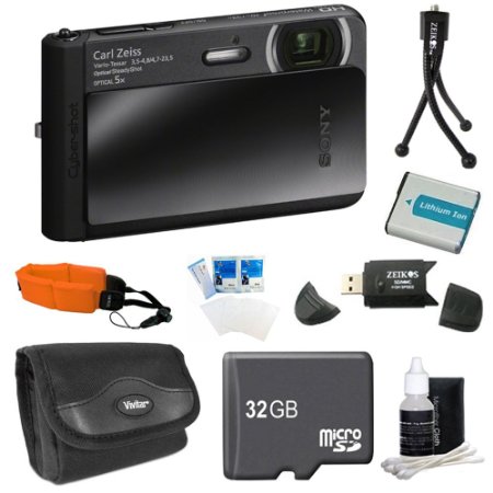 Sony DSC-TX30/B DSC-TX30 TX30 B DSCTX30 DSCTX30B 18 MP Digital Camera with 5x Optical Image Stabilized Zoom and 3.3-Inch OLED (Black) Bundle with 32GB Card, Spare Battery, Card Reader, Floating Strap, Carrying Case  More